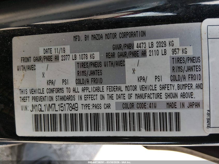 2020 Mazda Mazda6 Touring VIN: JM1GL1VM7L1517849 Lot: 44739291