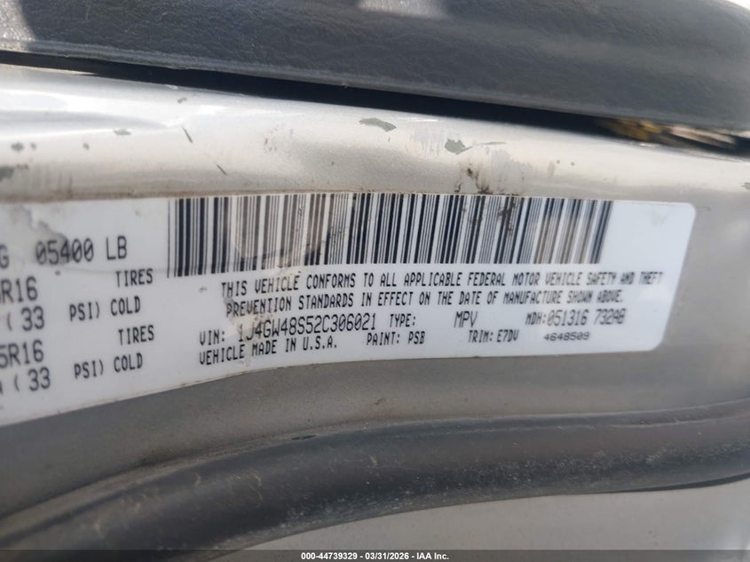 2002 Jeep Grand Cherokee Laredo VIN: 1J4GW48S52C306021 Lot: 44739329