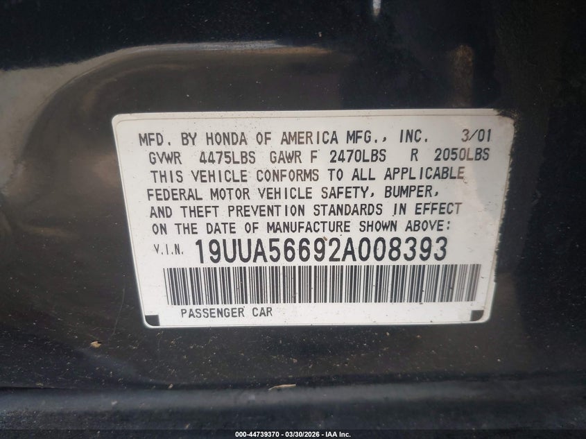 2002 Acura Tl 3.2 VIN: 19UUA56692A008393 Lot: 44739370