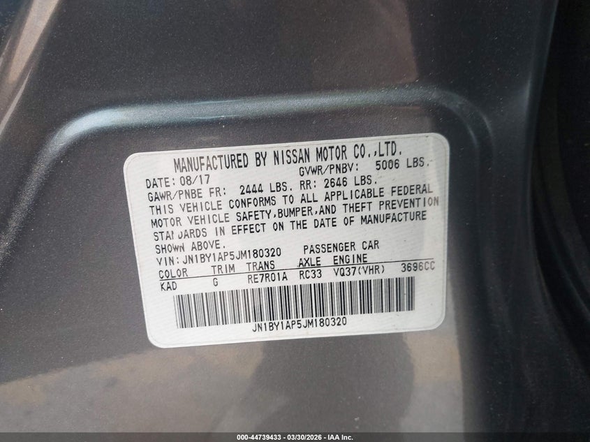 2018 Infiniti Q70 3.7 Luxe VIN: JN1BY1AP5JM180320 Lot: 44739433