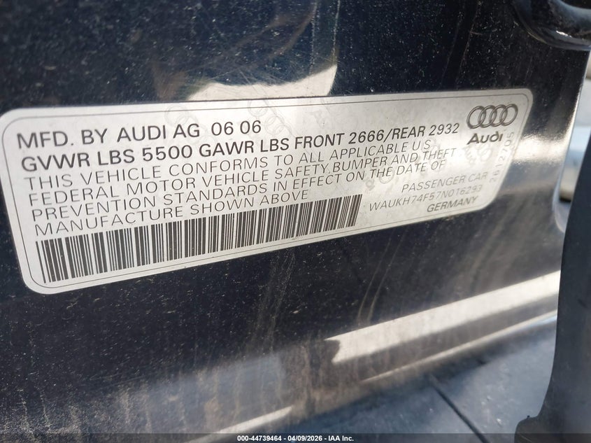 2007 Audi A6 3.2 Avant VIN: WAUKH74F57N016293 Lot: 44739464