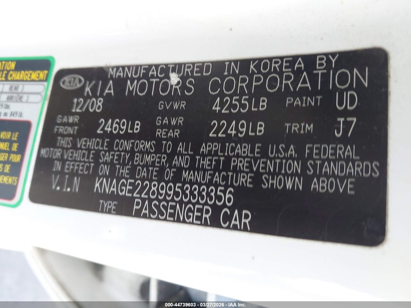 2009 Kia Optima Lx VIN: KNAGE228995333356 Lot: 44739603