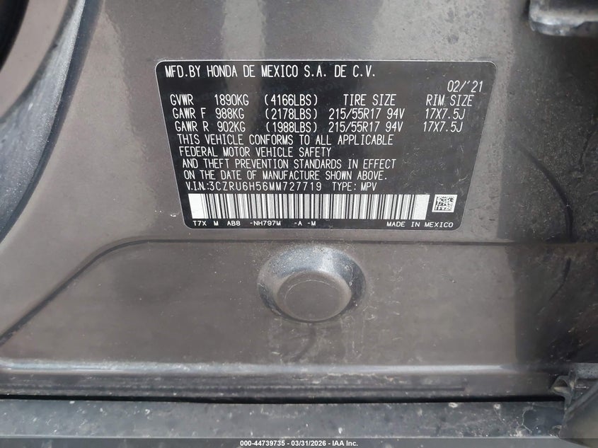 VIN 3CZRU6H56MM727719 2021 HONDA HR-V AWD EX