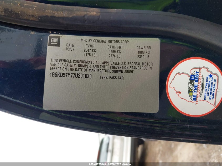 2007 Cadillac Dts Luxury I VIN: 1G6KD57Y77U201020 Lot: 44739848