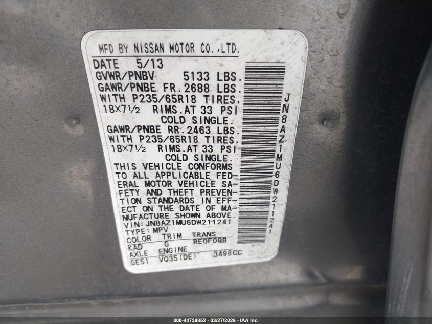 2013 Nissan Murano S VIN: JN8AZ1MU6DW211241 Lot: 44739852