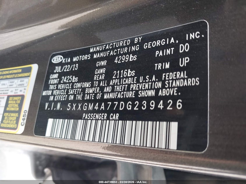 KIA OPTIMA 2013 VIN 5XXGM4A77DG239426