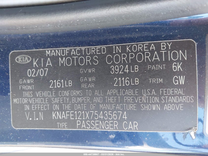 2007 Kia Spectra Ex VIN: KNAFE121X75435674 Lot: 44739907