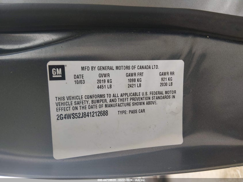 2004 Buick Century VIN: 2G4WS52J841212688 Lot: 44739939