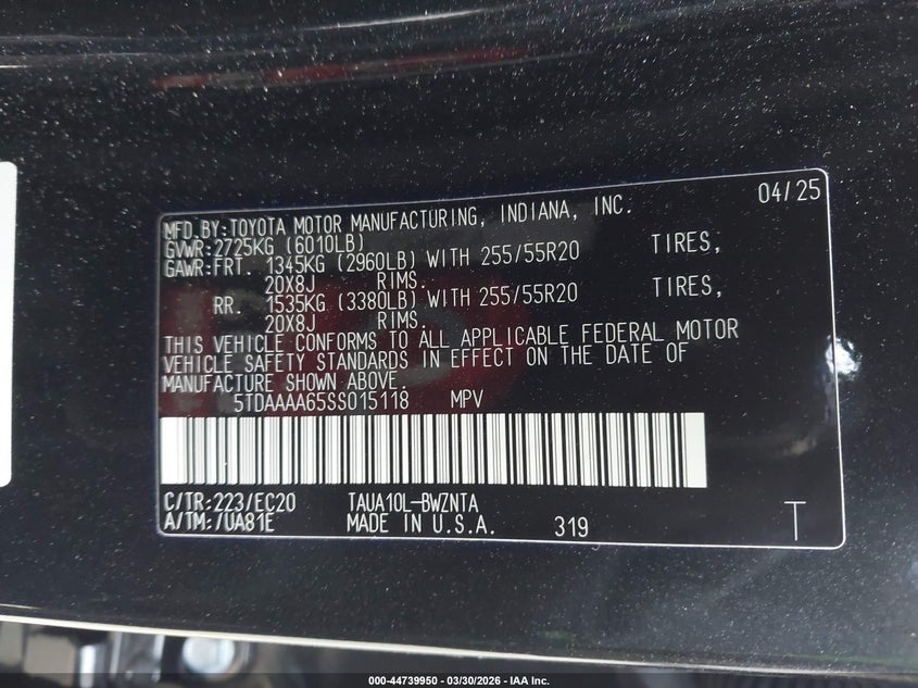 2025 Lexus Tx 350 VIN: 5TDAAAA65SS015118 Lot: 44739950