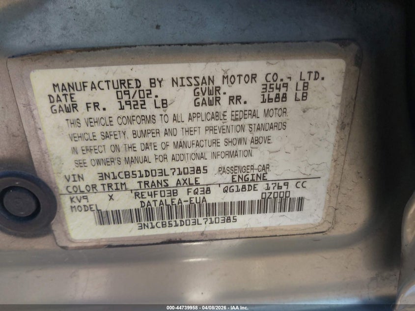 2003 Nissan Sentra Gxe VIN: 3N1CB51D03L710385 Lot: 44739958