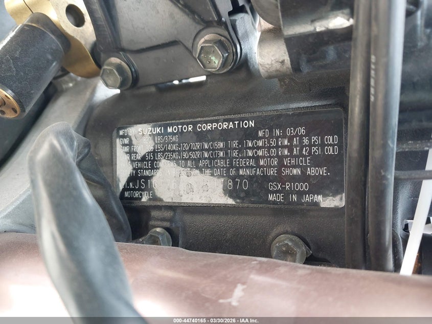 2006 Suzuki Gsx-R1000 VIN: JS1GT76A662111870 Lot: 44740165
