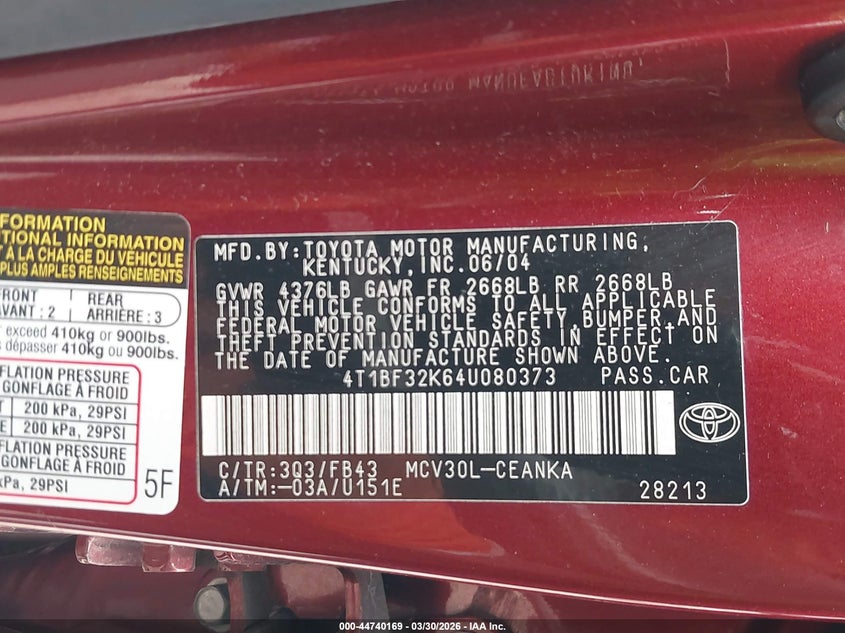 2004 Toyota Camry Le V6 VIN: 4T1BF32K64U080373 Lot: 44740169