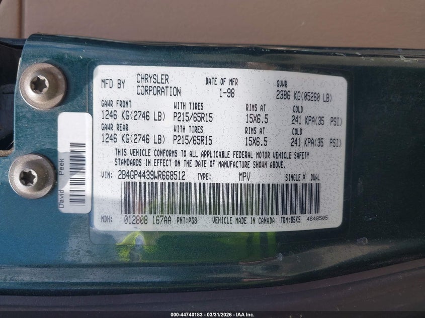 1998 Dodge Grand Caravan Se VIN: 2B4GP4439WR668512 Lot: 44740183