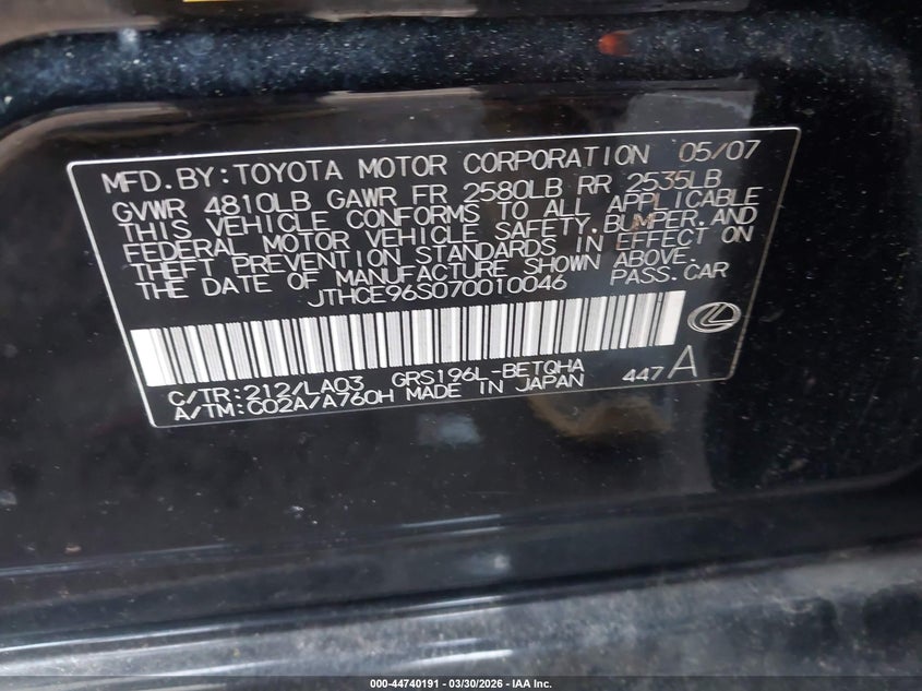 2007 Lexus Gs 350 VIN: JTHCE96S070010046 Lot: 44740191