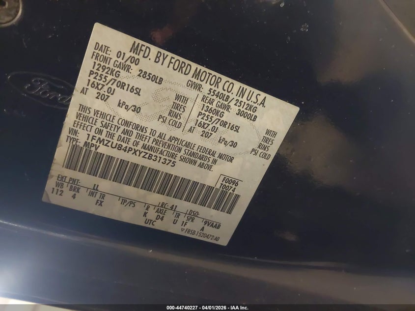 2000 Ford Explorer Eddie Bauer VIN: 1FMZU84PXYZB31375 Lot: 44740227