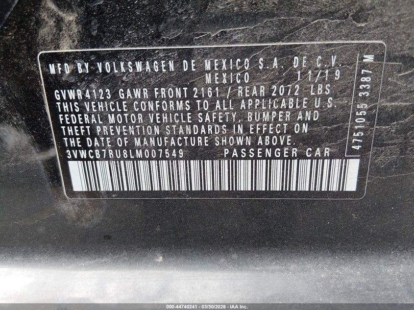 2020 Volkswagen Jetta 1.4T R-Line/1.4T S/1.4T Se VIN: 3VWCB7BU8LM007549 Lot: 44740241