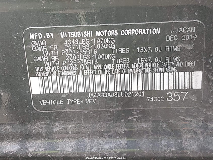 MITSUBISHI OUTLANDER SPORT 2020 VIN JA4AR3AU8LU021201