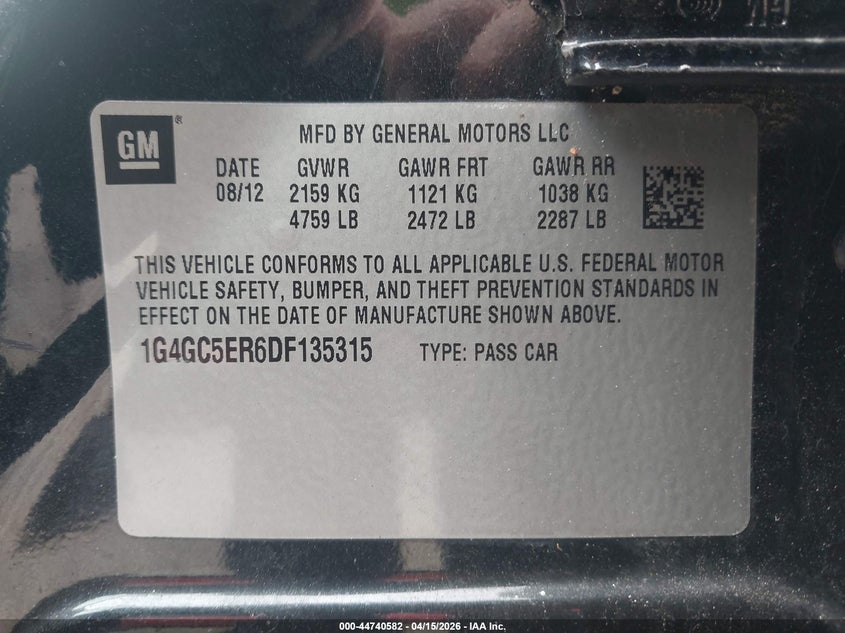 2013 Buick Lacrosse Leather Group VIN: 1G4GC5ER6DF135315 Lot: 44740582