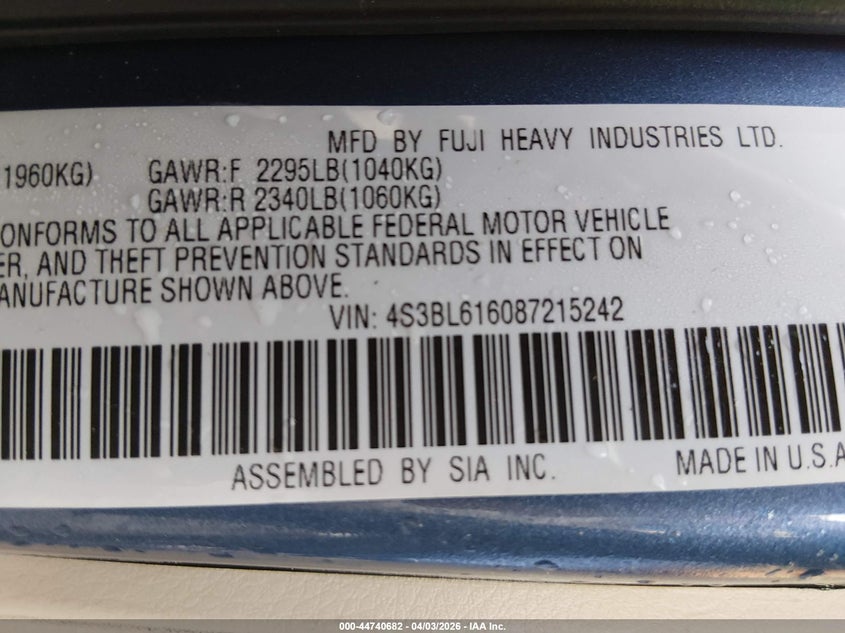 2008 Subaru Legacy 2.5I VIN: 4S3BL616087215242 Lot: 44740682