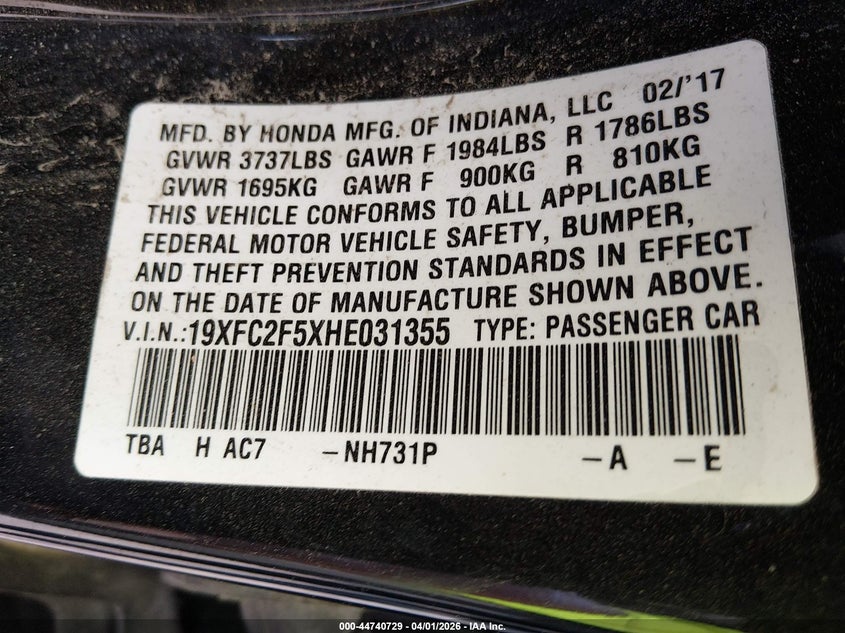 VIN 19XFC2F5XHE031355 2017 HONDA CIVIC LX