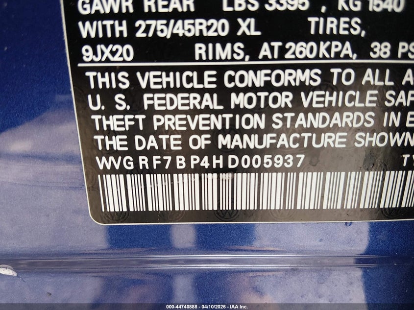 2017 Volkswagen Touareg V6 Wolfsburg Edition VIN: WVGRF7BP4HD005937 Lot: 44740888