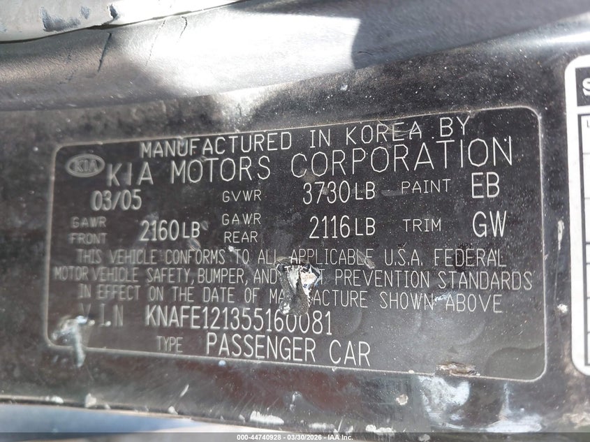 2005 Kia Spectra Ex/Lx/Sx VIN: KNAFE121355160081 Lot: 44740928