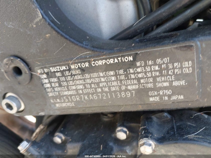 2007 Suzuki Gsx-R750 VIN: JS1GR7KA672113897 Lot: 44740969