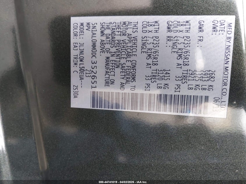 2013 Infiniti Jx35 VIN: 5N1AL0MM0DC352651 Lot: 44741019