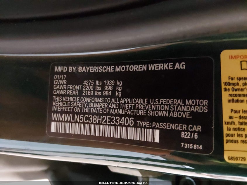 2017 Mini Clubman Cooper VIN: WMWLN5C38H2E33406 Lot: 44741026