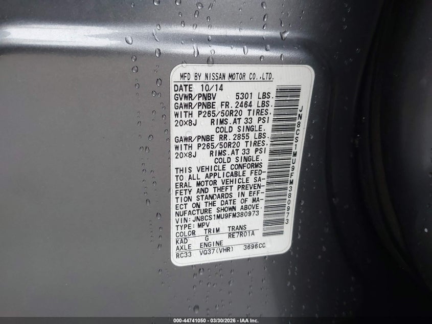 2015 Infiniti Qx70 VIN: JN8CS1MU9FM380973 Lot: 44741050