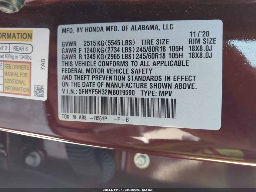 VIN 5FNYF5H32MB019590 2021 HONDA PILOT 2WD EX