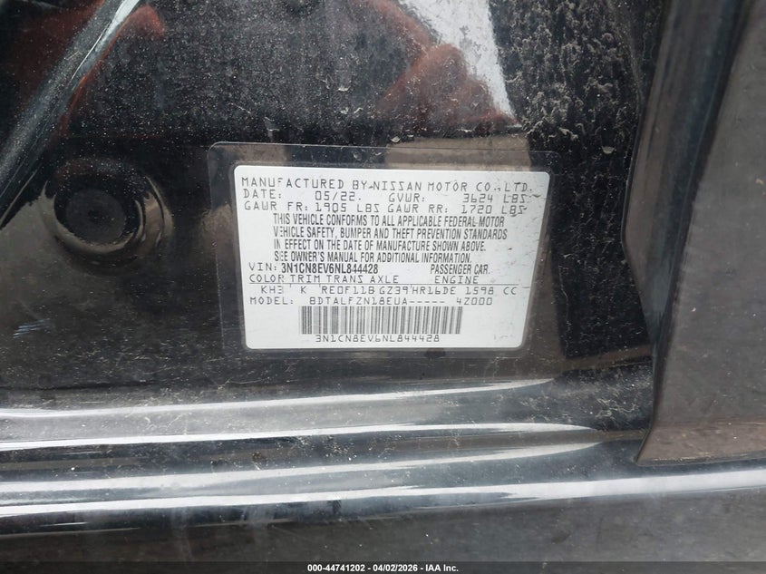 2022 Nissan Versa 1.6 Sv Xtronic Cvt VIN: 3N1CN8EV6NL844428 Lot: 44741202