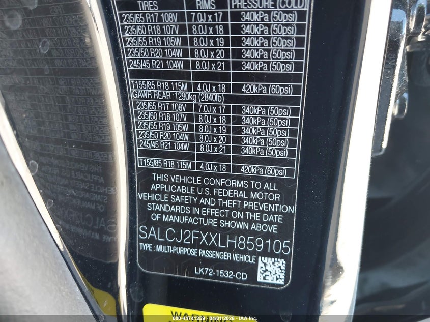 2020 Land Rover Discovery Sport S VIN: SALCJ2FXXLH859105 Lot: 44741259