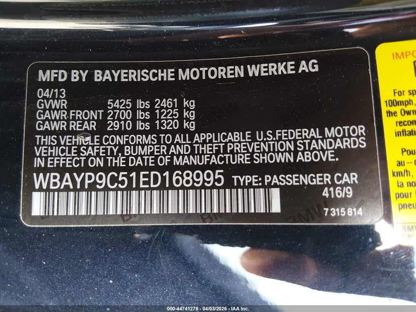 2014 BMW 650I VIN: WBAYP9C51ED168995 Lot: 44741278