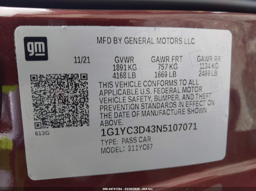 2022 Chevrolet Corvette Stingray Rwd 3Lt VIN: 1G1YC3D43N5107071 Lot: 44741354