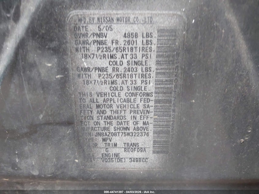 2005 Nissan Murano S VIN: JN8AZ08T75W322376 Lot: 44741397