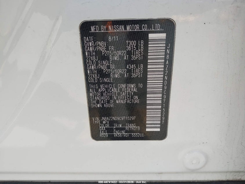 2012 Infiniti Qx56 VIN: JN8AZ2ND9C9715297 Lot: 44741422