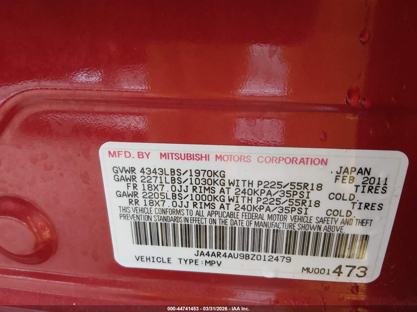 2011 Mitsubishi Outlander Sport Se VIN: JA4AR4AU9BZ012479 Lot: 44741453
