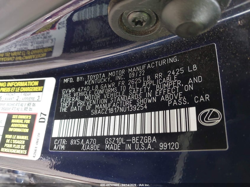 2022 Lexus Es 350 VIN: 58ACZ1B17NU139254 Lot: 44741605