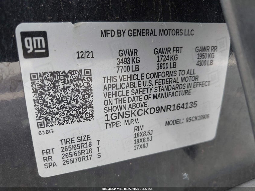 2022 Chevrolet Suburban 4Wd Lt VIN: 1GNSKCKD9NR164135 Lot: 44741716