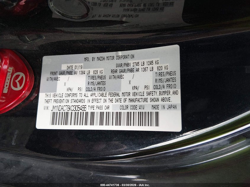2019 Mazda Mx-5 Miata Club VIN: JM1NDAC78K0305466 Lot: 44741736