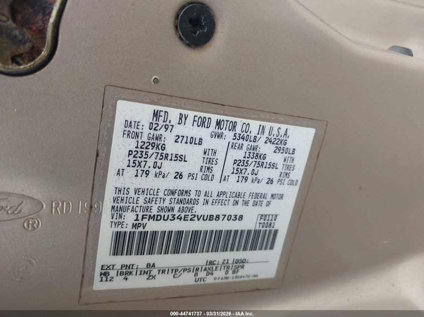 1997 Ford Explorer Eddie Bauer/Limited/Xl/Xlt VIN: 1FMDU34E2VUB87038 Lot: 44741737