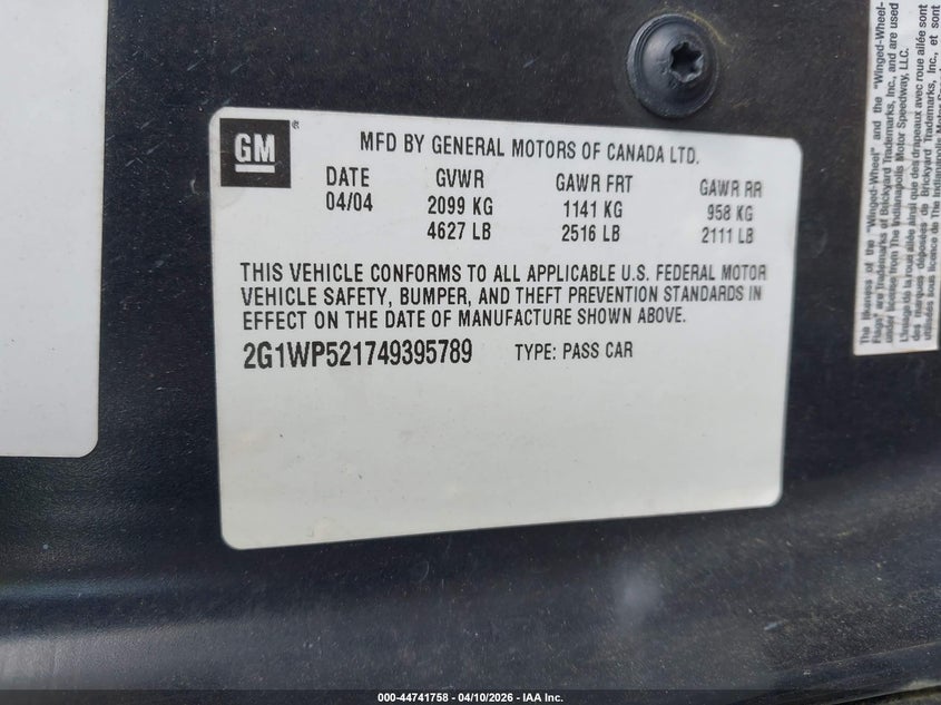 2004 Chevrolet Impala Ss Supercharged VIN: 2G1WP521749395789 Lot: 44741758