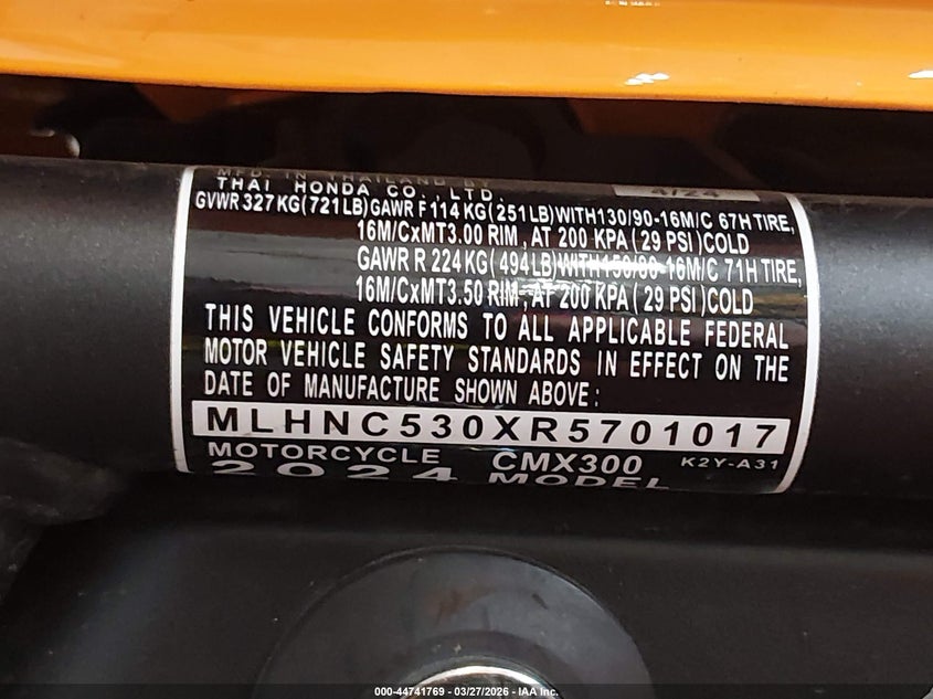 2024 Honda Cmx300 VIN: MLHNC530XR5701017 Lot: 44741769