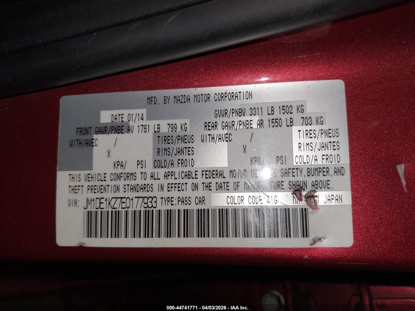 2014 Mazda Mazda2 Sport VIN: JM1DE1KZ7E0177933 Lot: 44741771