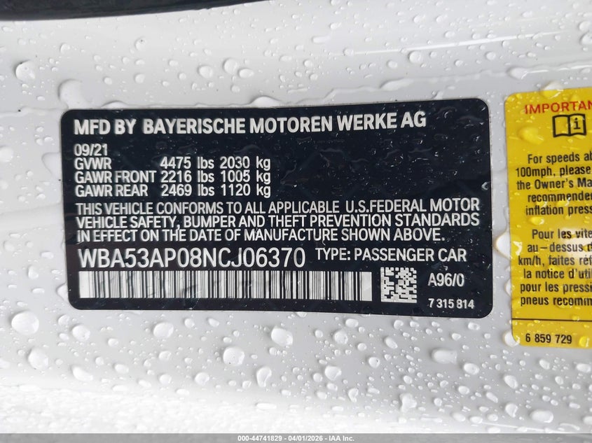 2022 BMW 430I VIN: WBA53AP08NCJ06370 Lot: 44741829