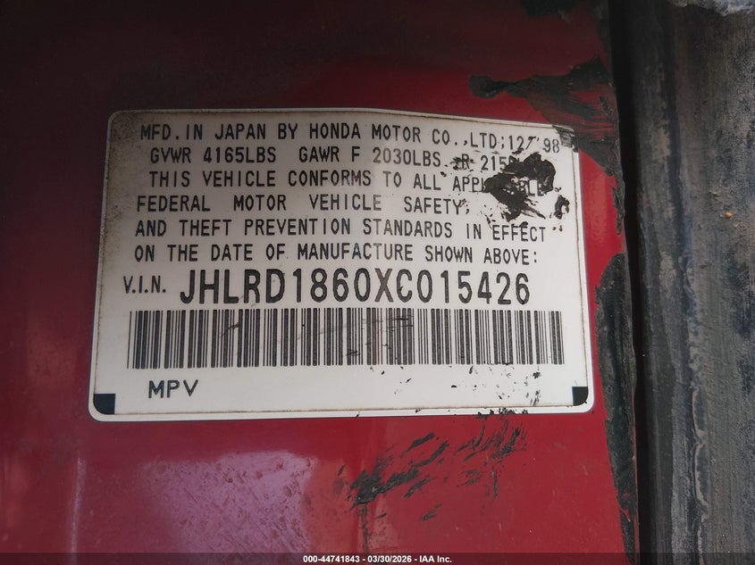 1999 Honda Cr-V Ex VIN: JHLRD1860XC015426 Lot: 44741843