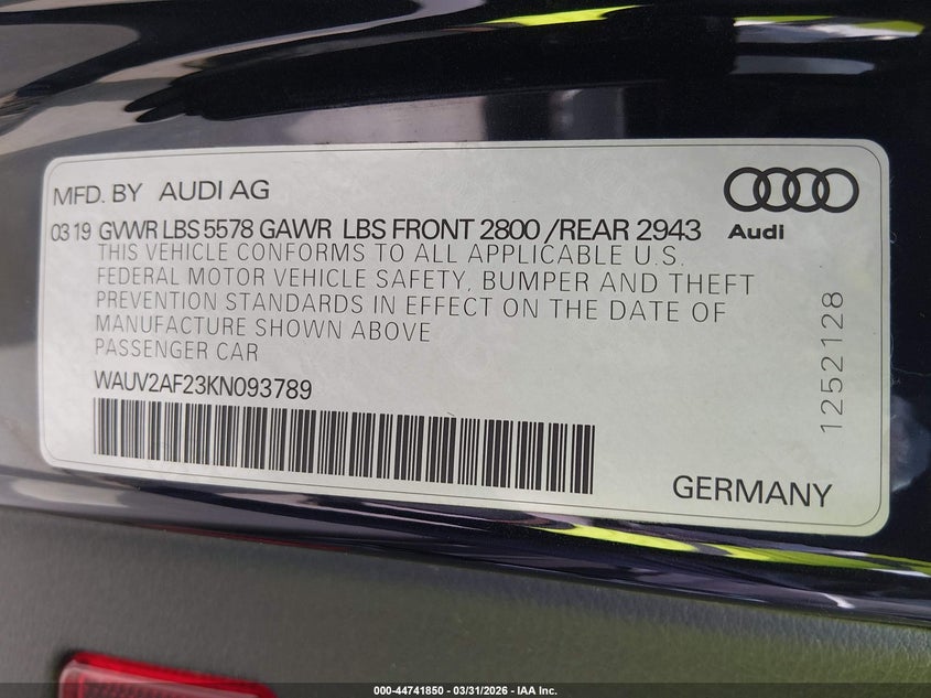 2019 Audi A7 55 Premium VIN: WAUV2AF23KN093789 Lot: 44741850