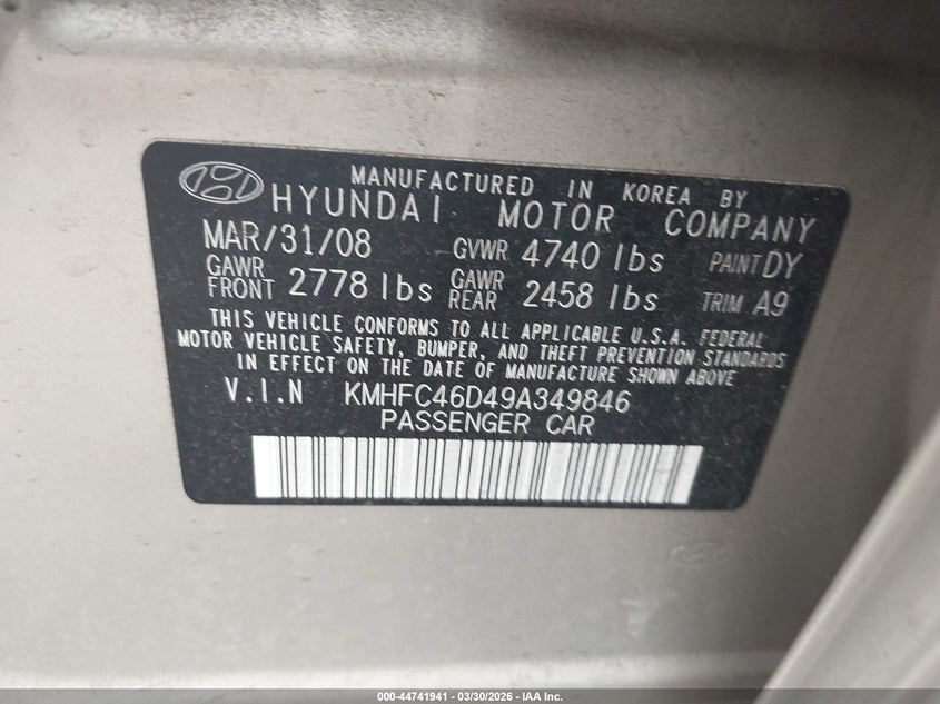 2009 Hyundai Azera Gls VIN: KMHFC46D49A349846 Lot: 44741941