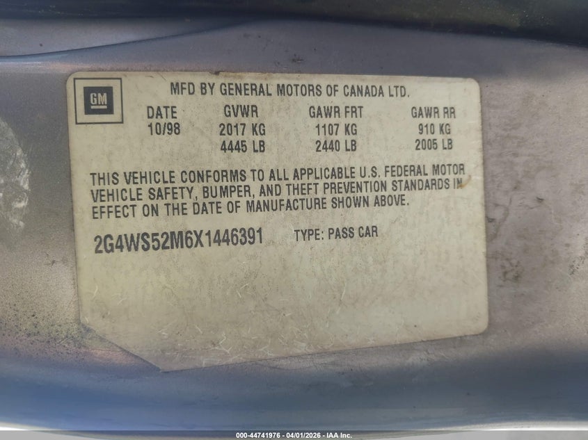 1999 Buick Century Custom VIN: 2G4WS52M6X1446391 Lot: 44741976